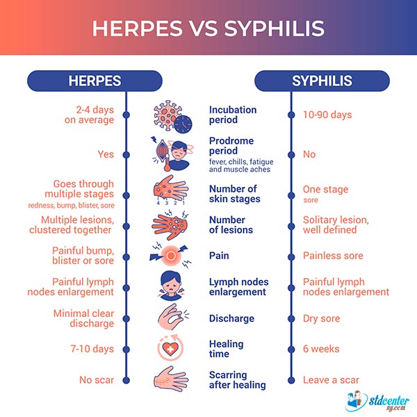 This infographic provides a summary of the comparison between genital herpes and syphilis.